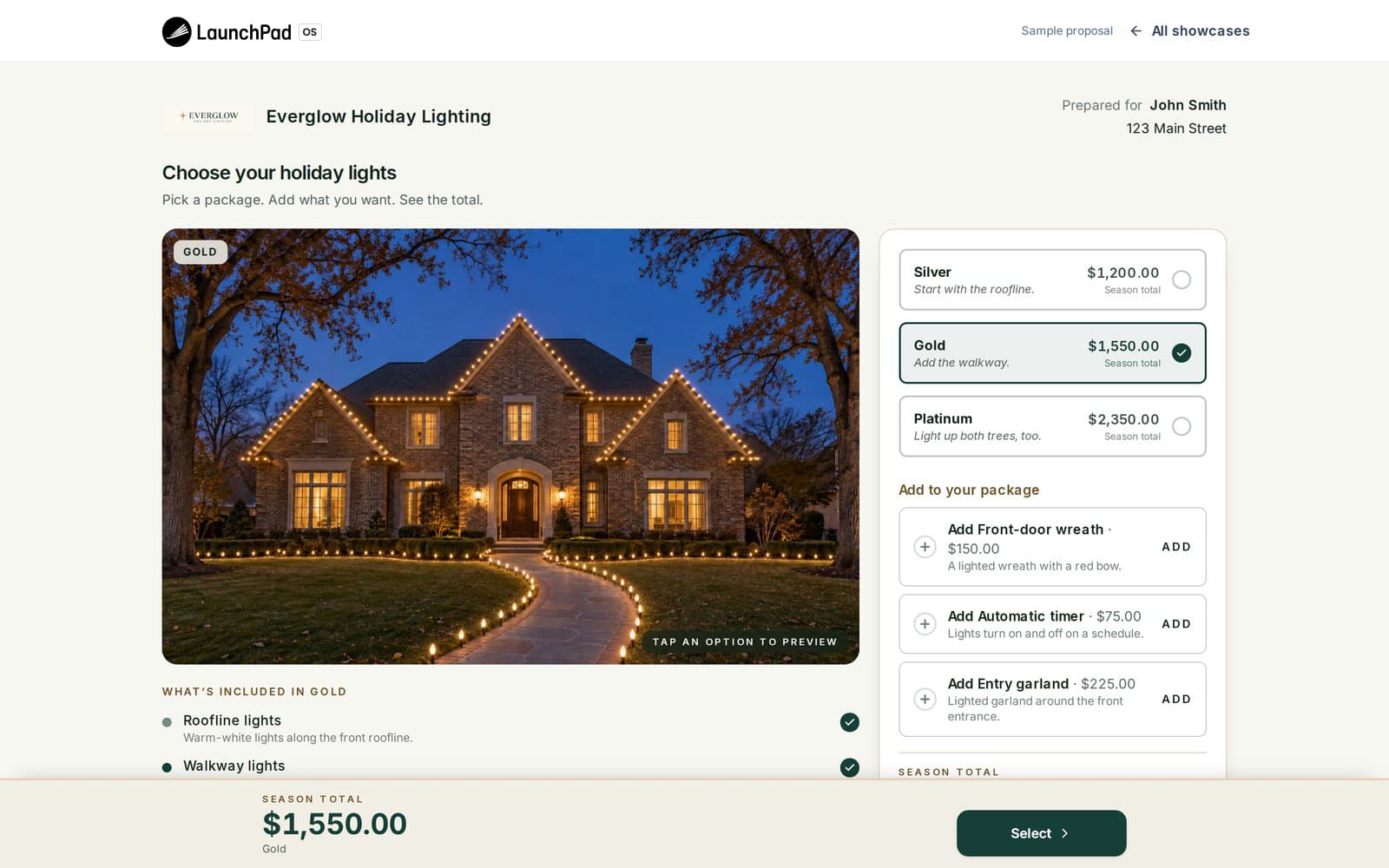 Sample Showcase proposal for holiday lighting: Silver, Gold, and Platinum packages, add-ons, and the season total.