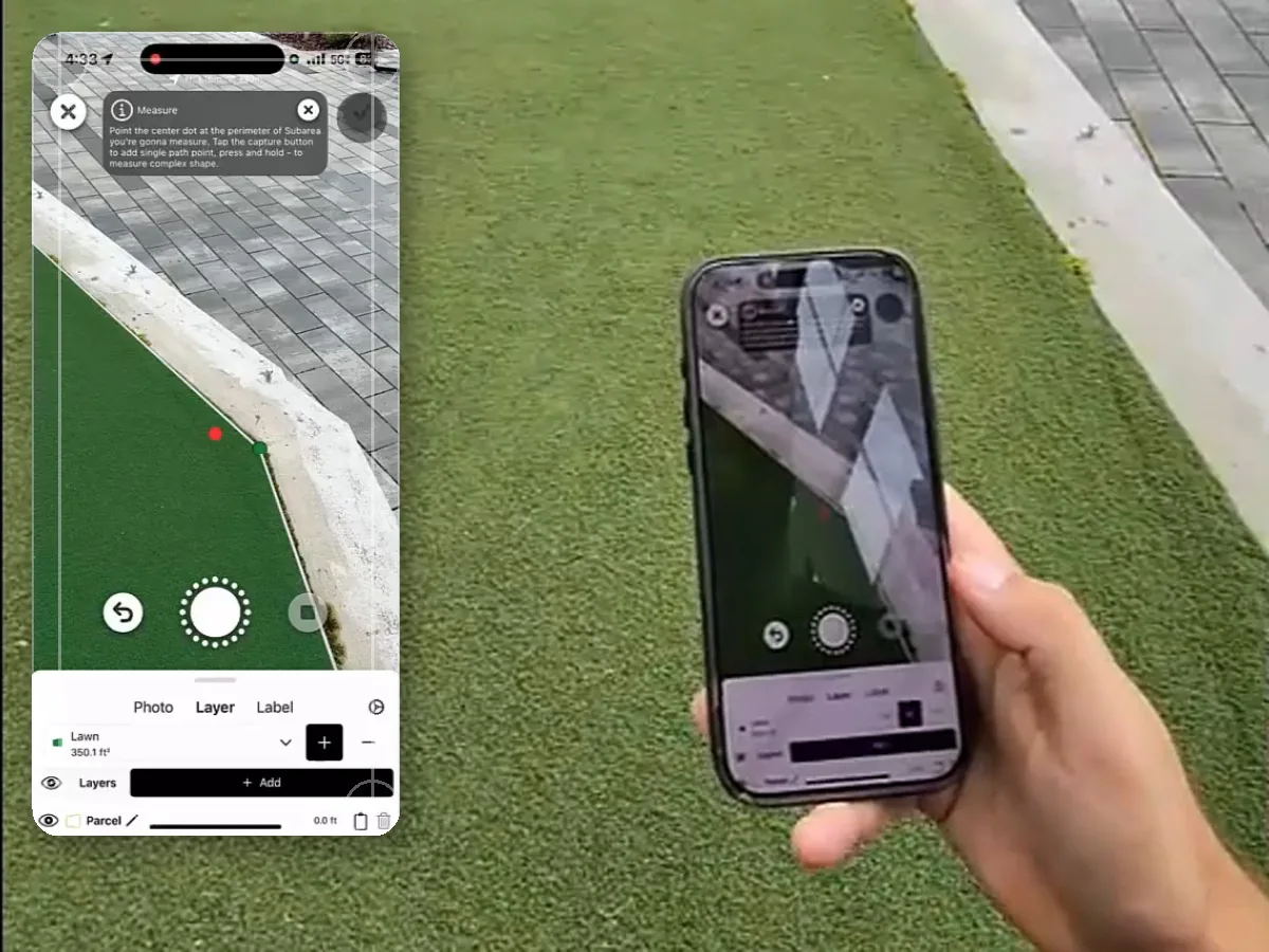 LaunchPad Map On-Device in use: a phone held over a lawn with the AR measuring overlay tracing the turf edge, and the in-app layer panel showing a 350.1 ft² lawn area.