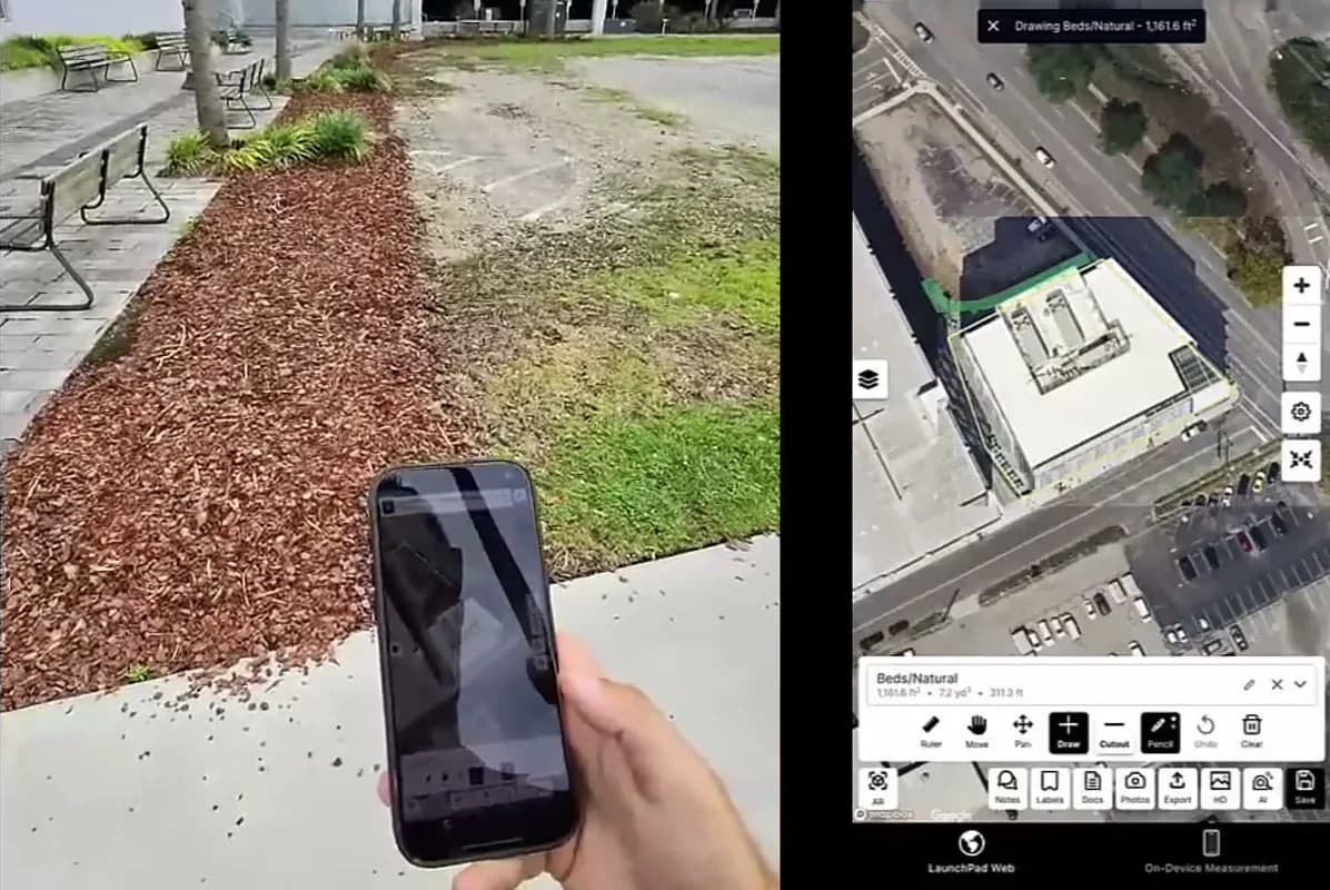 A phone held on-site beside the completed, labelled property measurement