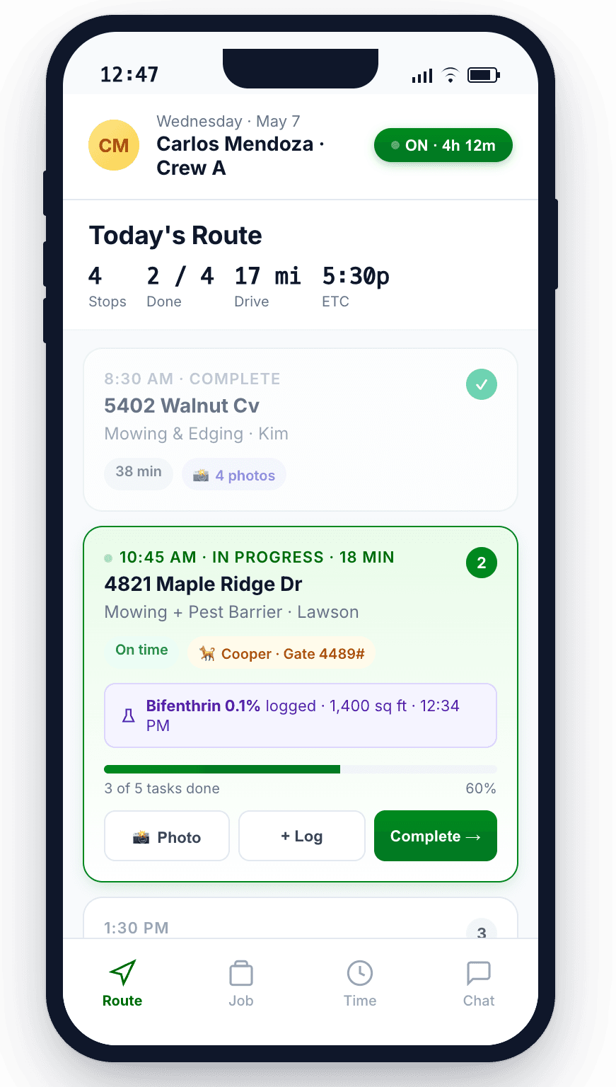 LaunchPad Crew mobile app showing daily route, job details, and crew tools